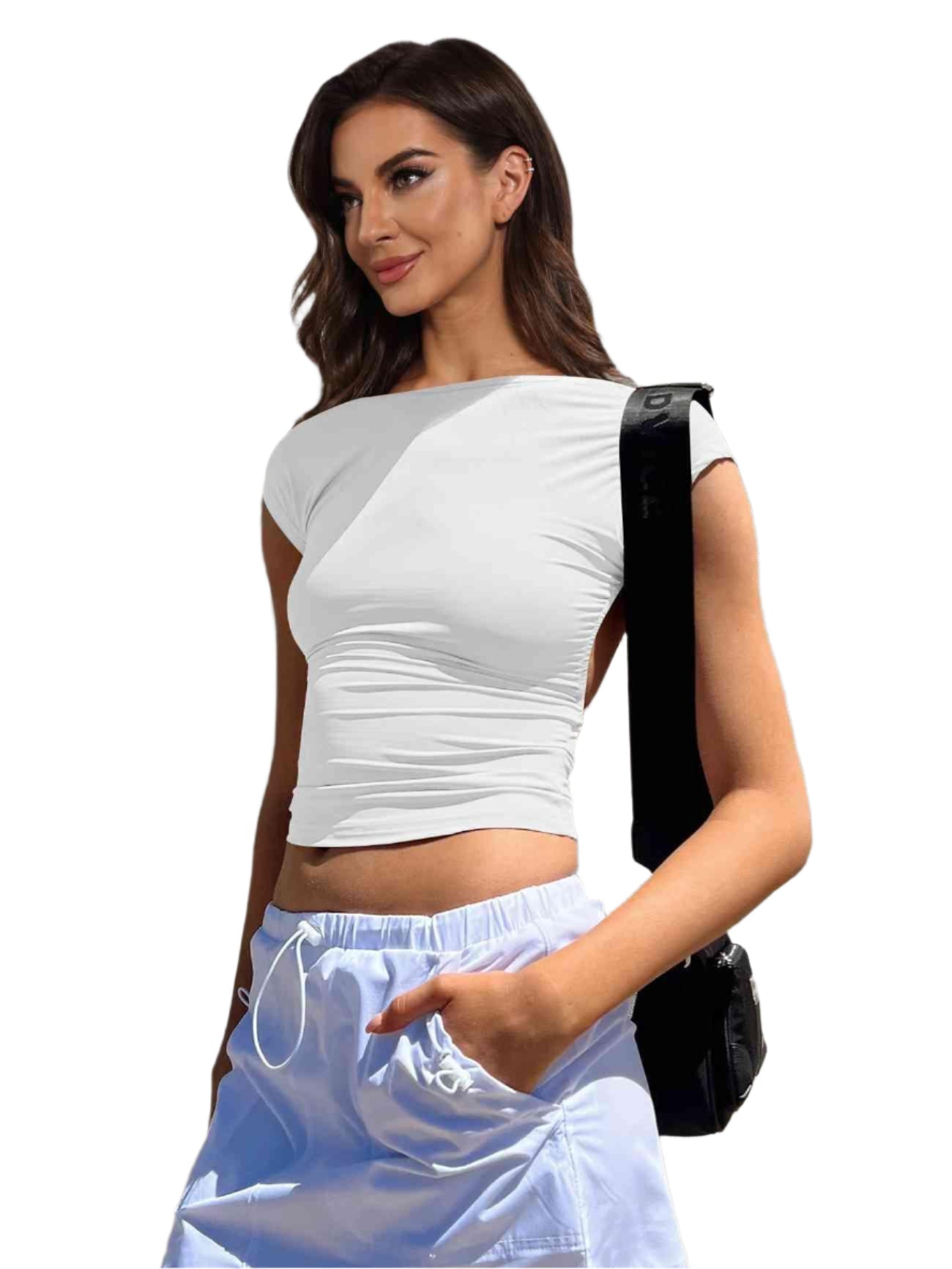 Backless Short Sleeve Cropped Blouse - Chic Yana's Fashion