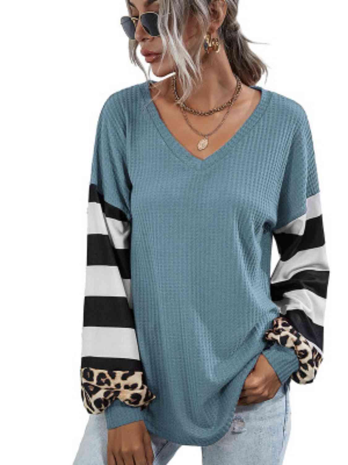 Leopard Striped Waffle Knit Top - Chic Yana's Fashion