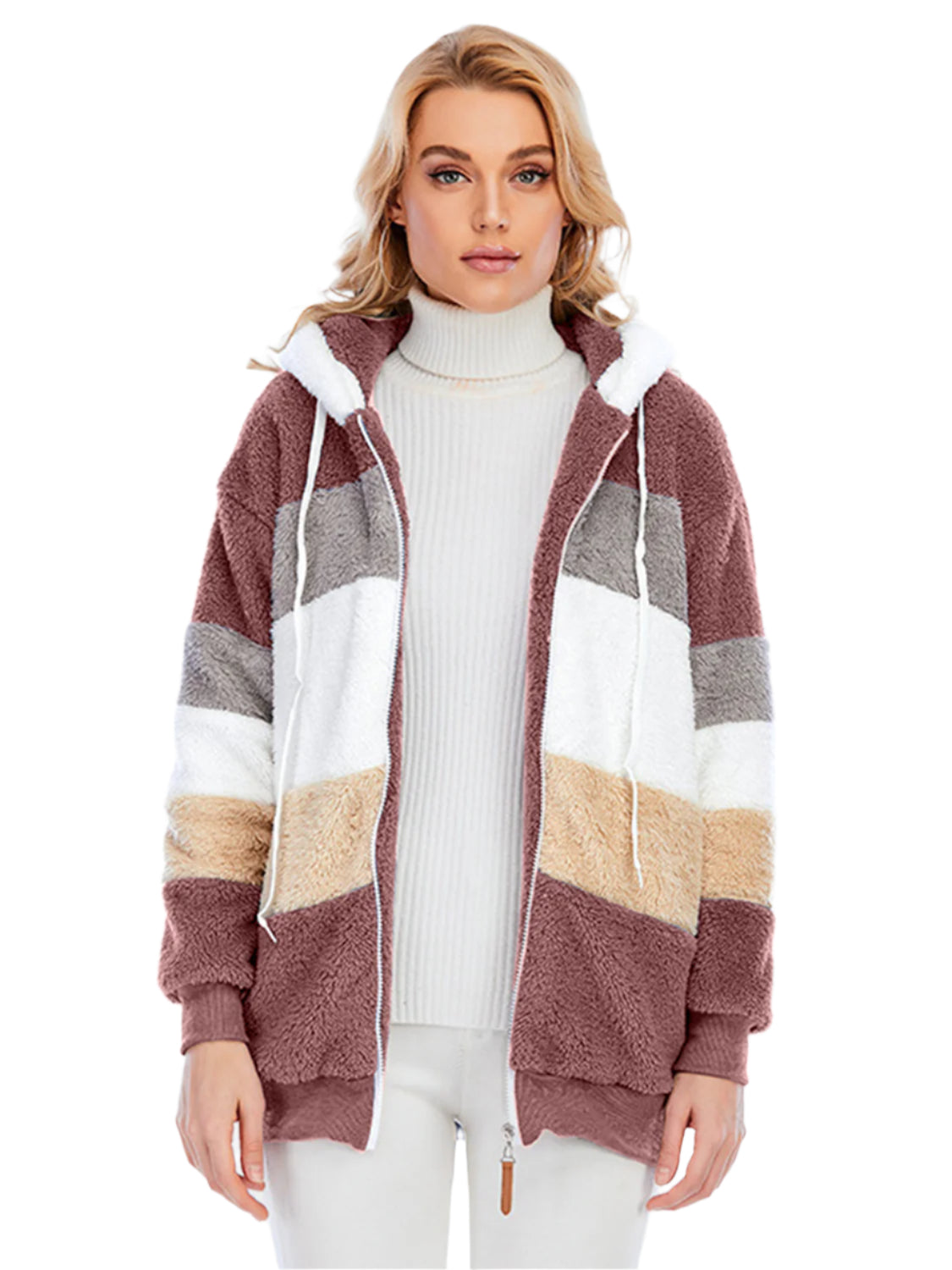 Full Size Drawstring Color Block Zip Up Hooded Outerwear - Chic Yana’s Fashion