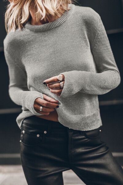 Ribbed Hem Round Neck Long Sleeve Sweater - Chic Yana's Fashion