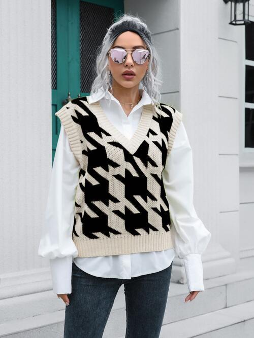 Houndstooth V Neck Sweater Vest - Chic Yana's Fashion