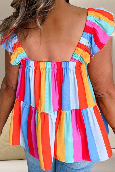 Ruffled Color Block Square Neck Top - Chic Yana's Fashion