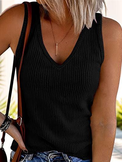 Ribbed V Neck Wide Strap Tank - Chic Yana's Fashion