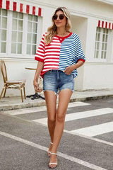 Striped Round Neck Half Sleeve T Shirt 1 - Chic Yana's Fashion