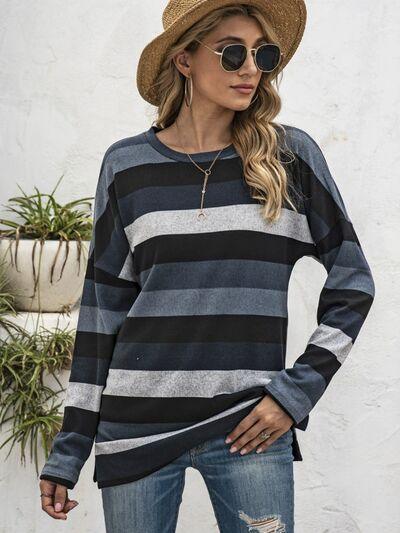 Full Size Striped Round Neck Long Sleeve T Shirt Plus Size - Chic Yana's Fashion