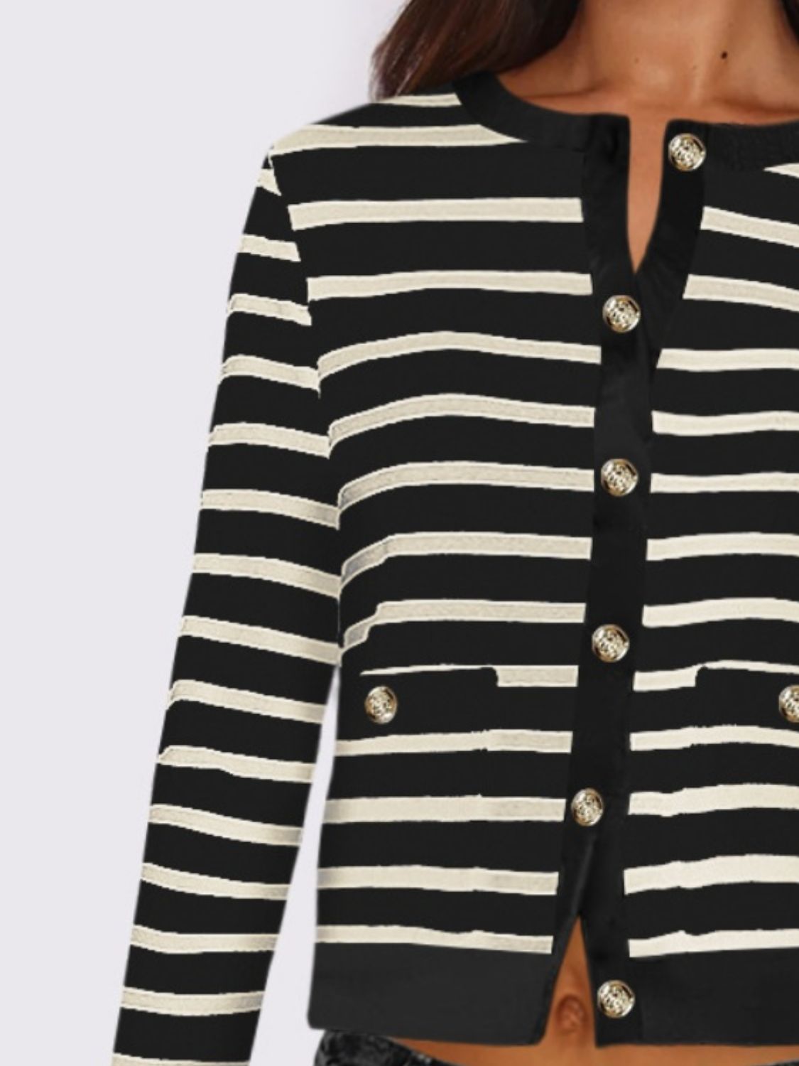 Striped Round Neck Button Up Long Sleeve Cardigan - Chic Yana’s Fashion