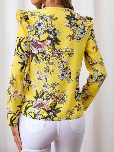 Ruffled Printed V Neck Long Sleeve Blouse - Chic Yana's Fashion