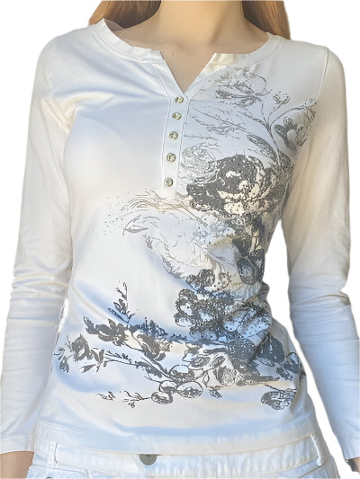 Printed Notched Long Sleeve T Shirt - Chic Yana's Fashion