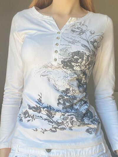 Printed Notched Long Sleeve T Shirt - Chic Yana's Fashion