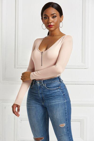 Half Zip Scoop Neck Long Sleeve Bodysuit - Chic Yana's Fashion