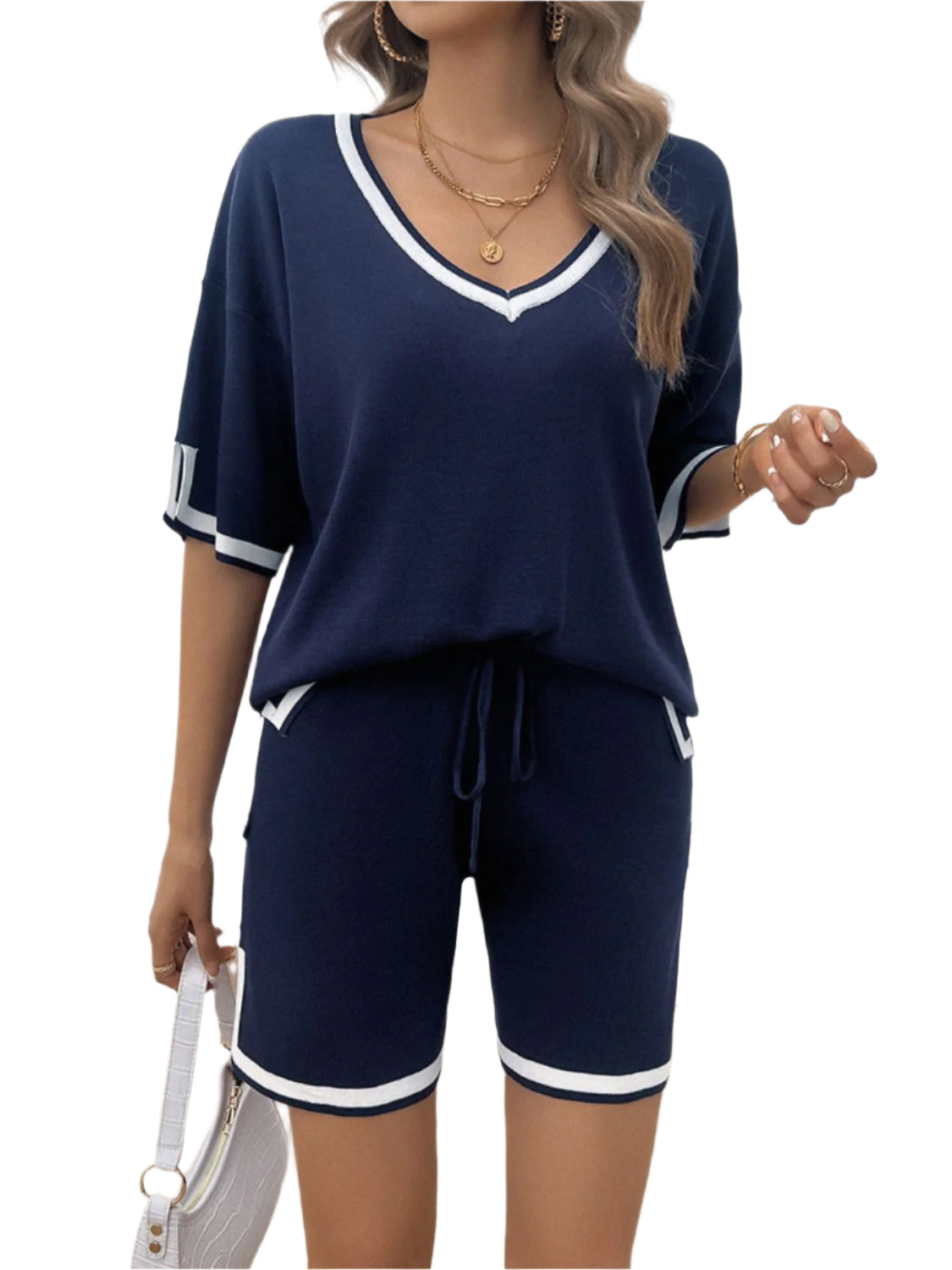 Devine Contrast Trim V-Neck Top and Shorts Set - Shop Now at Chic Yana's Fashion