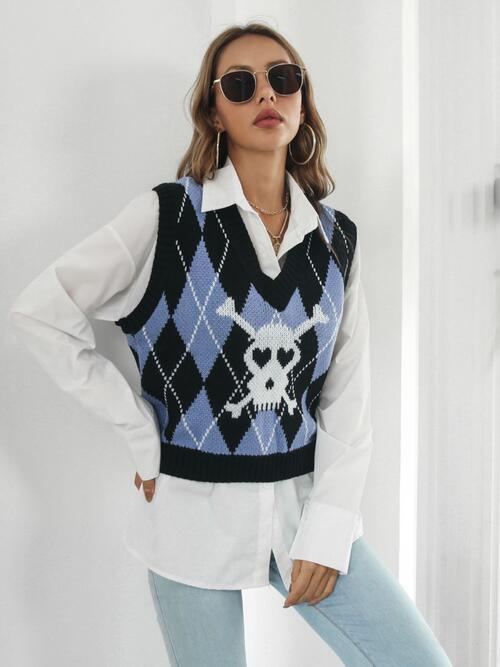 Skull Geometric V Neck Sweater Vest - Chic Yana's Fashion