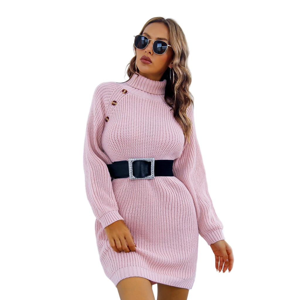 Winter Turtleneck Sweater Dress with Button Detail — Spring, Fall — Chic Yana Fashion