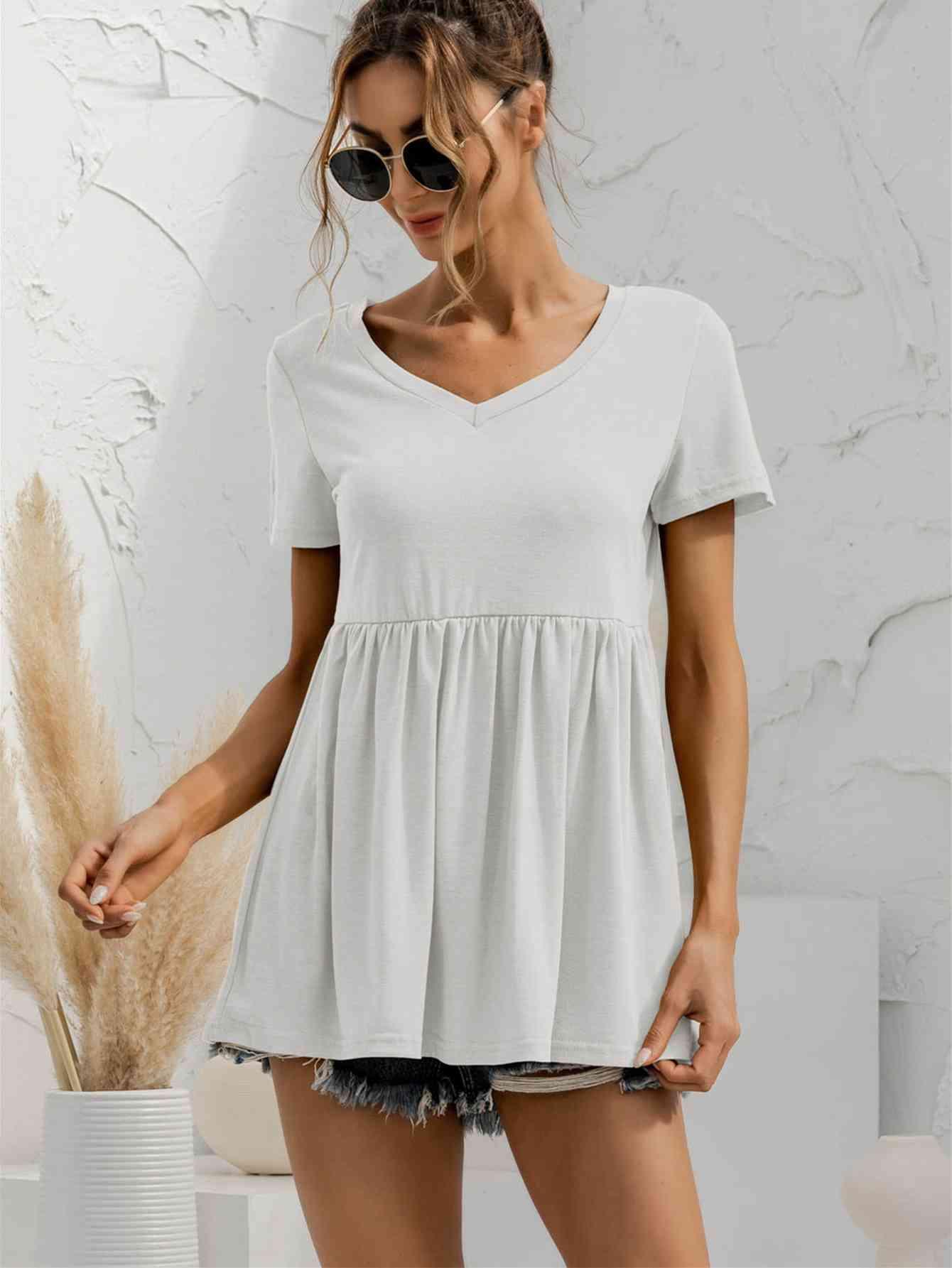 V Neck Short Sleeve Babydoll Top - Chic Yana's Fashion