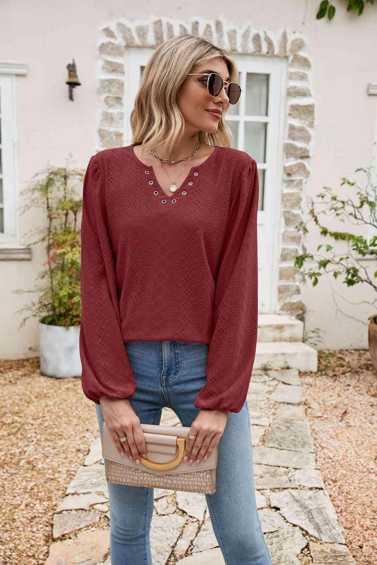 Eyelet Notched Neck Balloon Sleeve Blouse - Chic Yana's Fashion