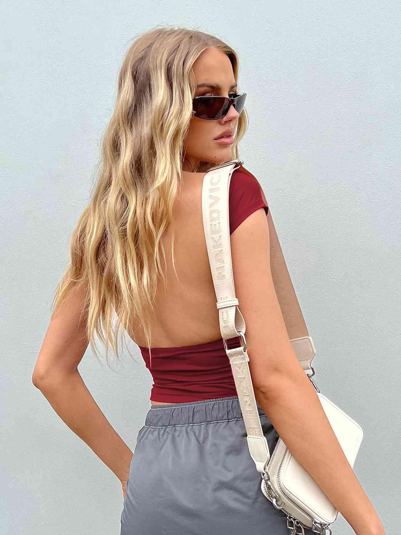 Backless Short Sleeve Cropped Blouse - Chic Yana's Fashion