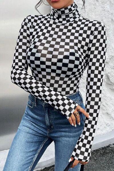 Checkered Turtleneck Long Sleeve Bodysuit - Chic Yana's Fashion