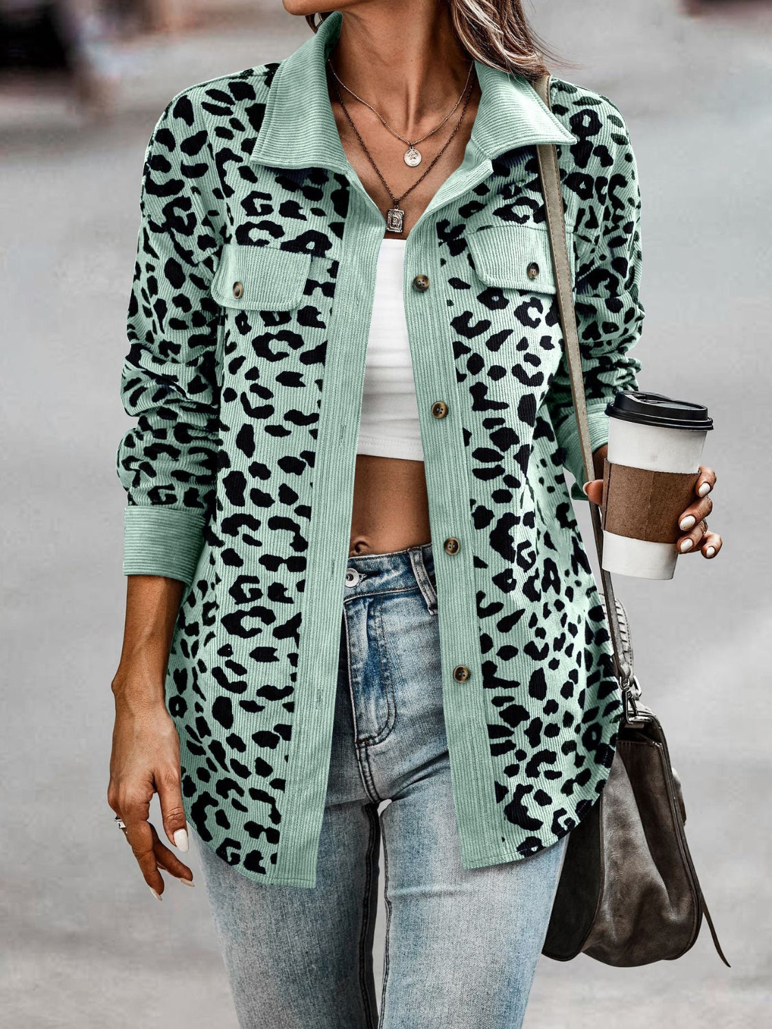 Flattering fit and modern design make the Full Size Leopard Collared Neck Button Up Long Sleeve Jacket a standout piece.