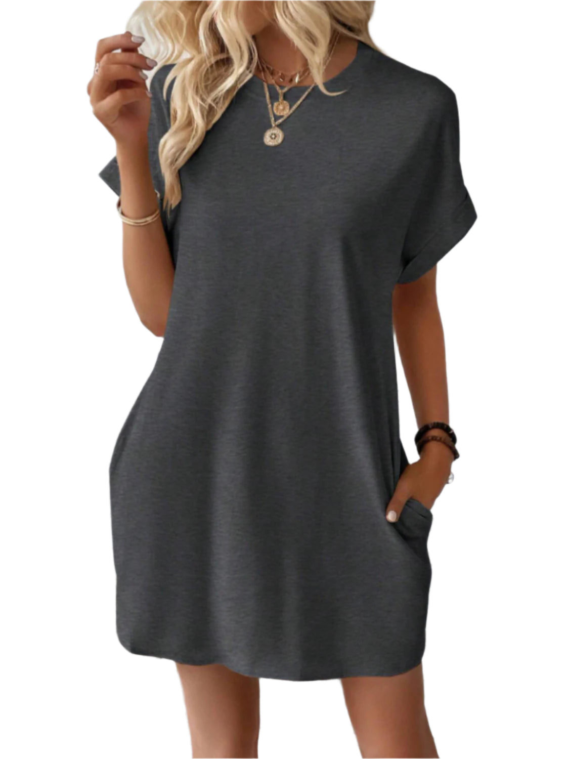 Round Neck Short Sleeve Mini Tee Dress with Pockets - High-Quality Fashion | Chic Yana