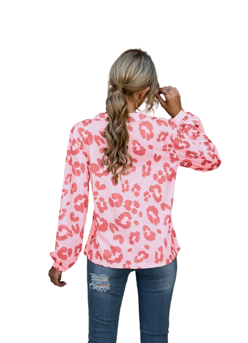 Chic Yana Fashion Leopard Print V-Neck Long Sleeve Women's T Shirt