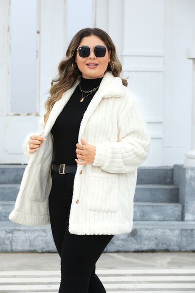 Plus Size Fuzzy Collared Neck Long Sleeve Jacket - Chic Yana's Fashion