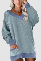 V Neck Long Sleeve Sweatshirt With Pockets - Chic Yana's Fashion