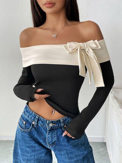 Perfee Bow Contrast Off Shoulder Long Sleeve Top - Chic Yana's Fashion