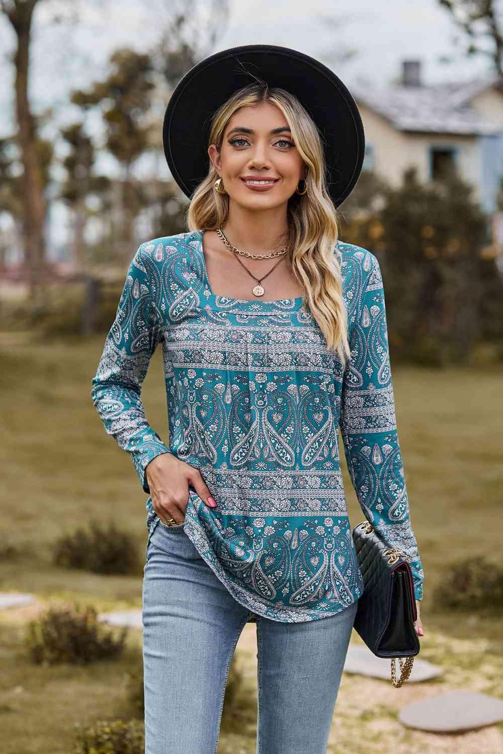 Printed Square Neck Long Sleeve Blouse - Chic Yana's Fashion