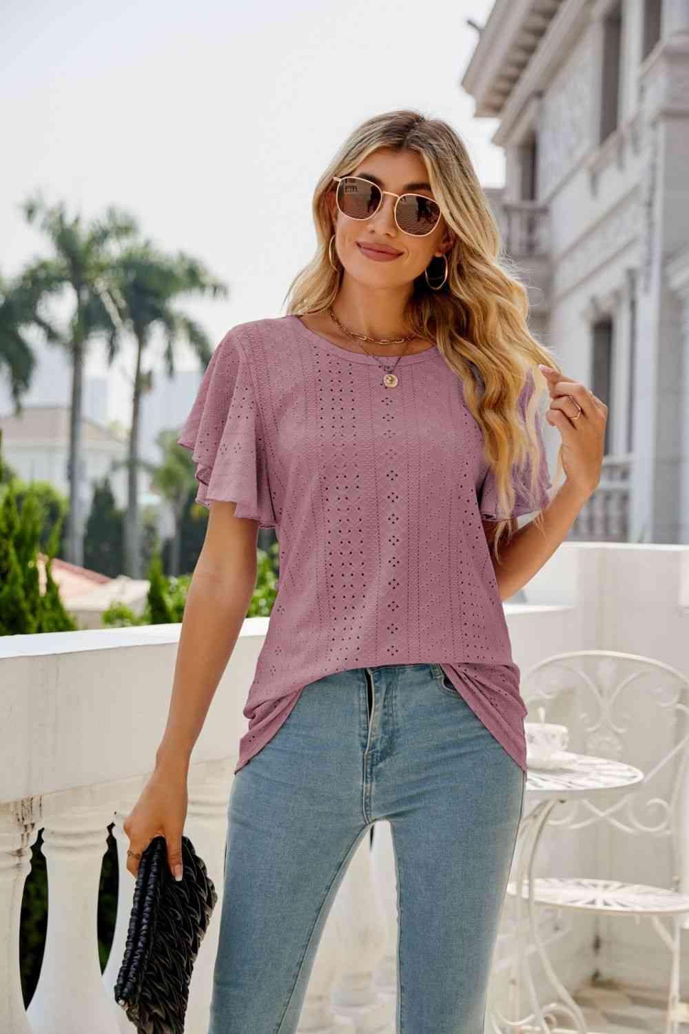 Eyelet Flutter Sleeve Round Neck Top - Chic Yana's Fashion