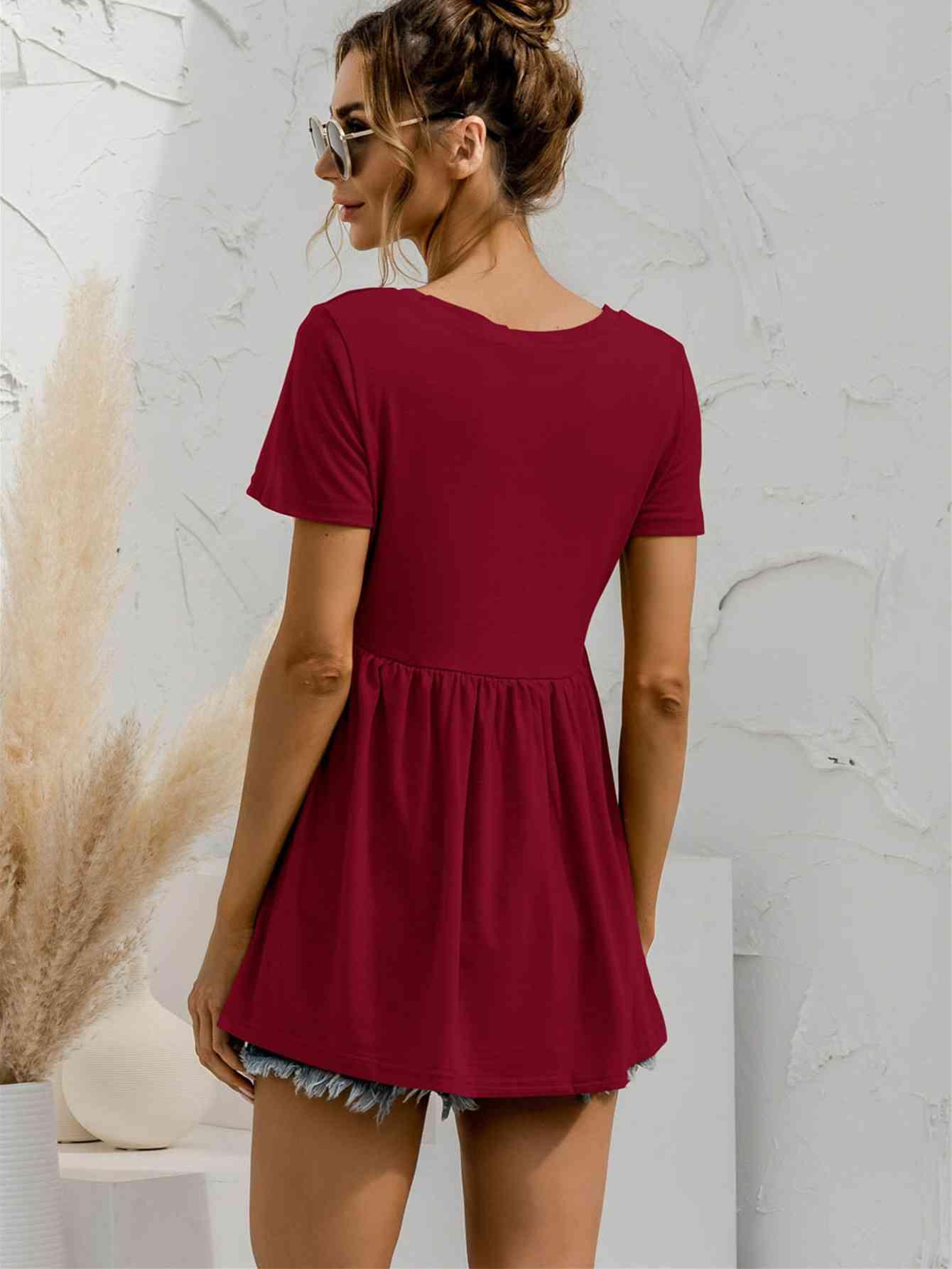 V Neck Short Sleeve Babydoll Top - Chic Yana's Fashion