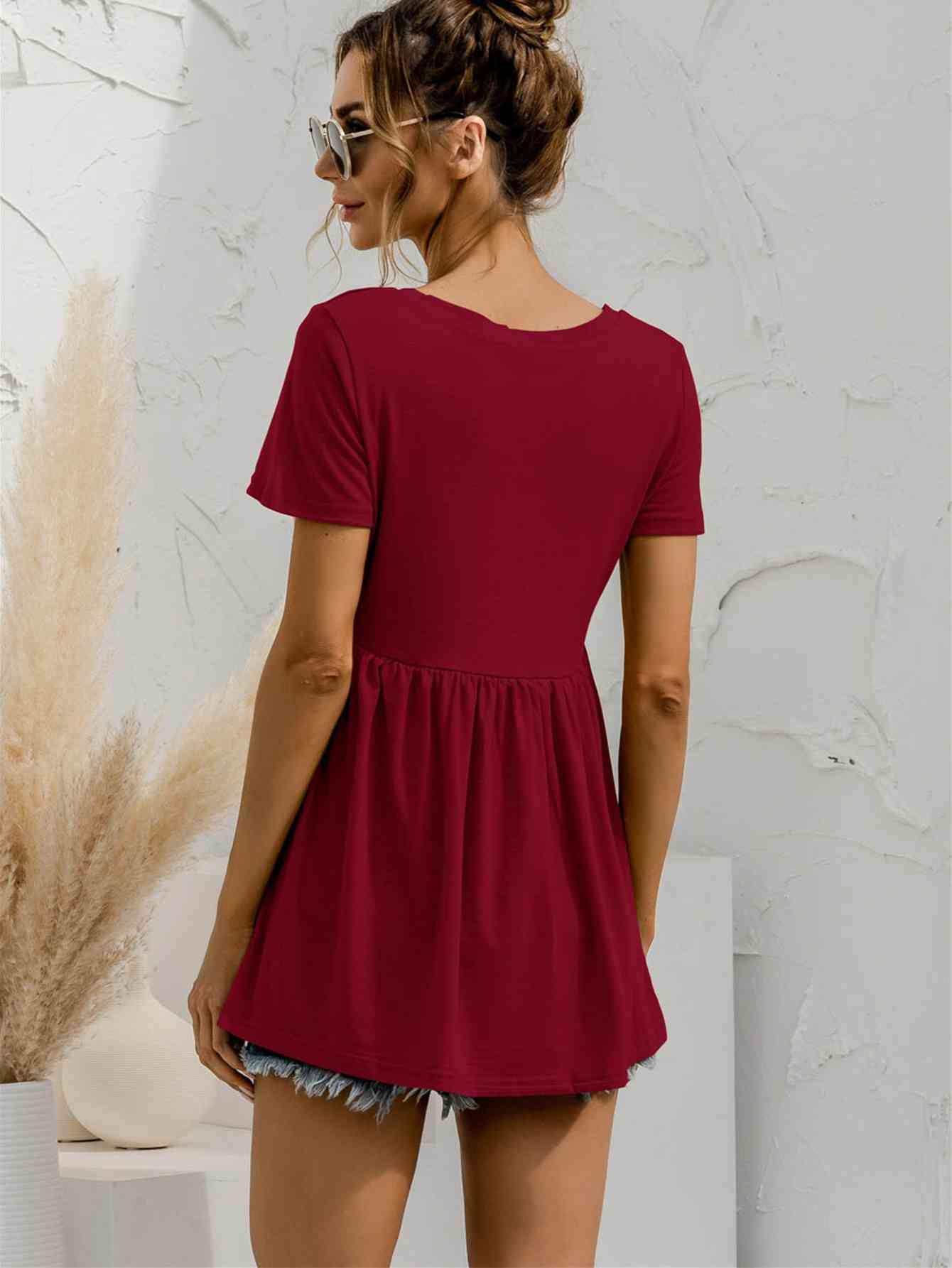 V Neck Short Sleeve Babydoll Top - Chic Yana's Fashion