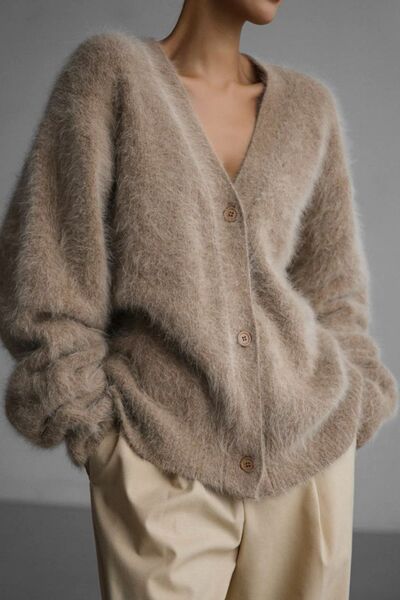 Fuzzy Button Down Long Sleeve Cardigan - Chic Yana's Fashion