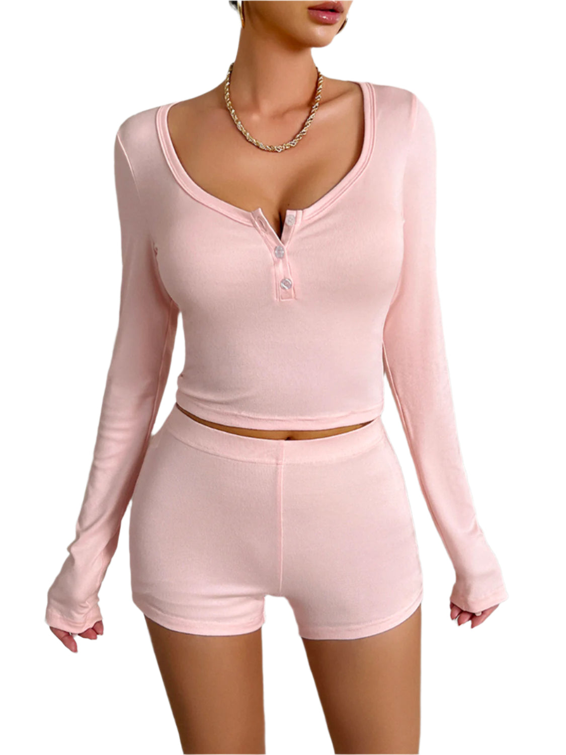 Devine Scoop Neck Long Sleeve Top and Shorts Set - Shop Now at Chic Yana's Fashion