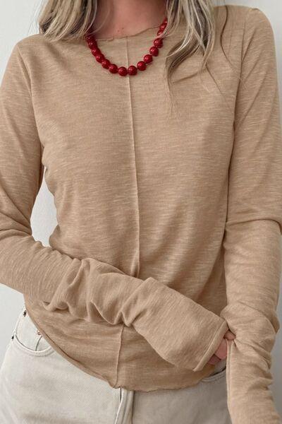 Lettuce Hem Round Neck Long Sleeve T Shirt - Chic Yana's Fashion