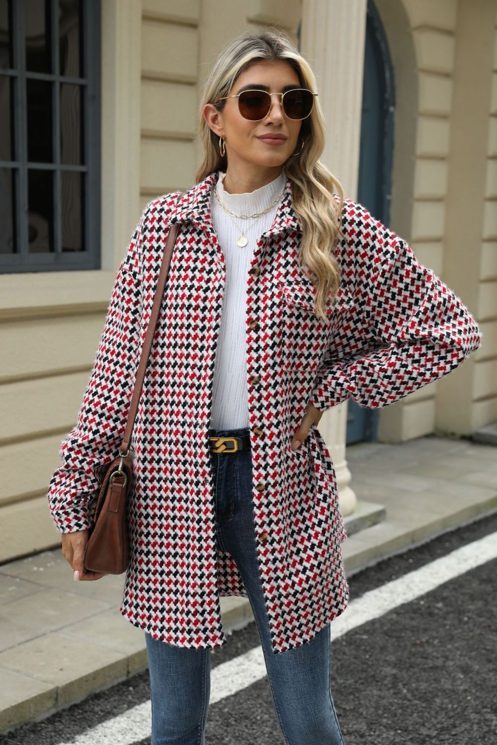 Houndstooth Button Up Dropped Shoulder Coat - Chic Yana’s Fashion