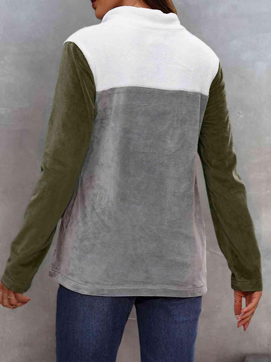 Shiny Color Block Collared Sweatshirt With Pockets - Chic Yana's Fashion