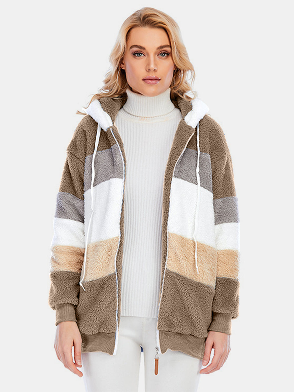 Full Size Drawstring Color Block Zip Up Hooded Outerwear - Chic Yana’s Fashion