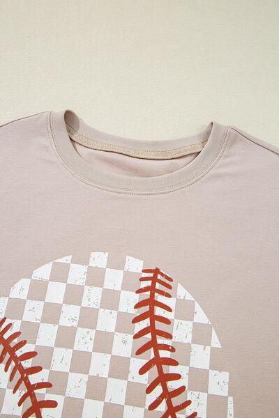 Contrast Checkered Baseball Graphic Round Neck Short Sleeve T Shirt - Chic Yana's Fashion