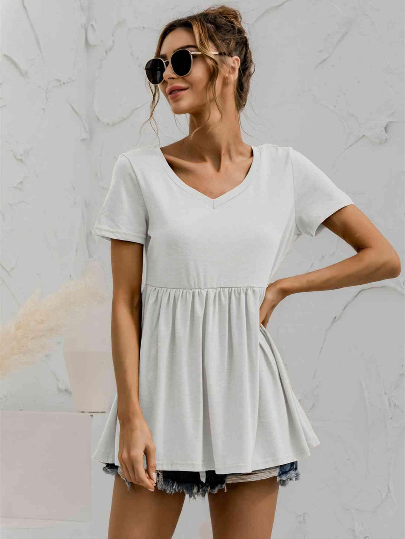 V Neck Short Sleeve Babydoll Top - Chic Yana's Fashion