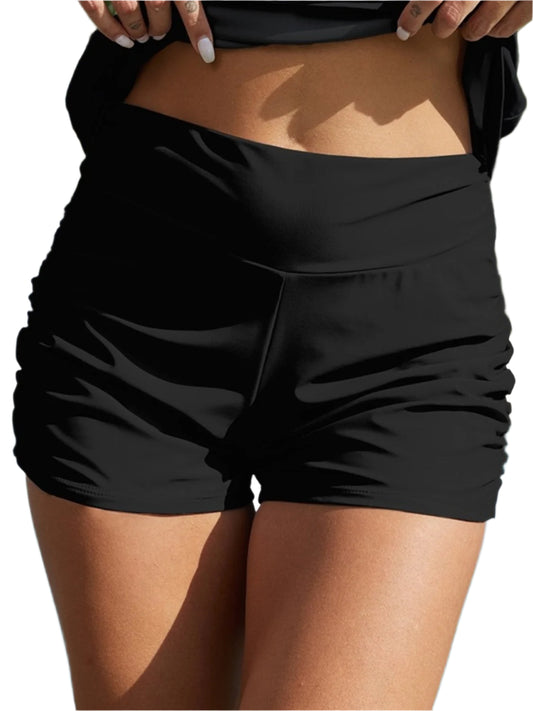 FAM-FAM Ruched Mid-Rise Waist Swim Shorts - Stylish and Trendy Women's Fashion from Chic Yana's Fashion