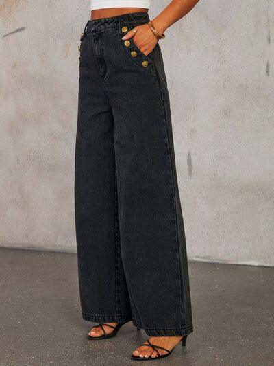 Button Decor High Rise Wide Leg Jeans - Chic Yana's Fashion