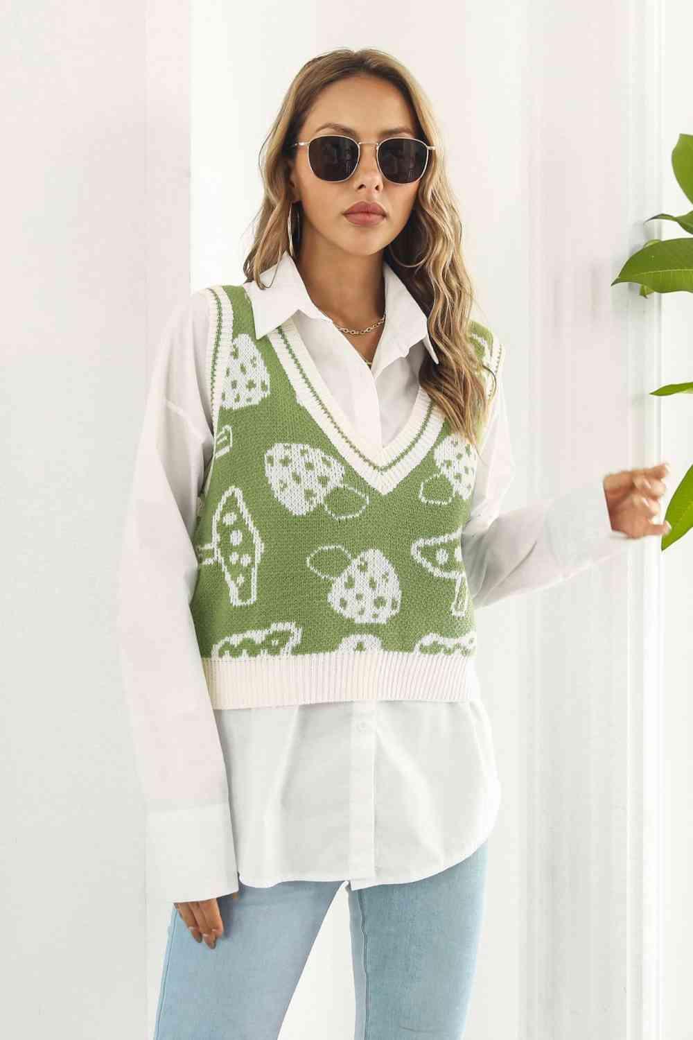 Printed Plunge Neck Sweater Vest - Chic Yana's Fashion