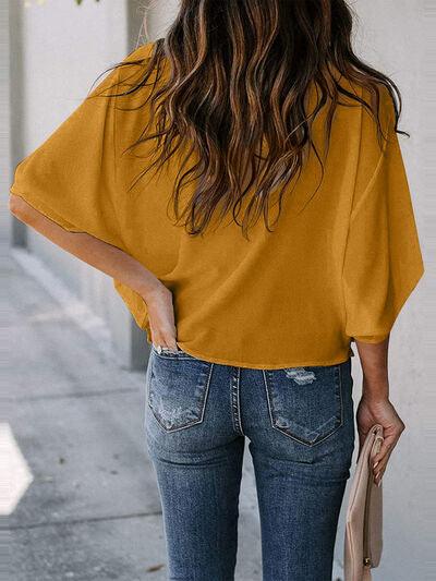 Full Size Cowl Neck Three Quarter Sleeve Blouse - Chic Yana's Fashion