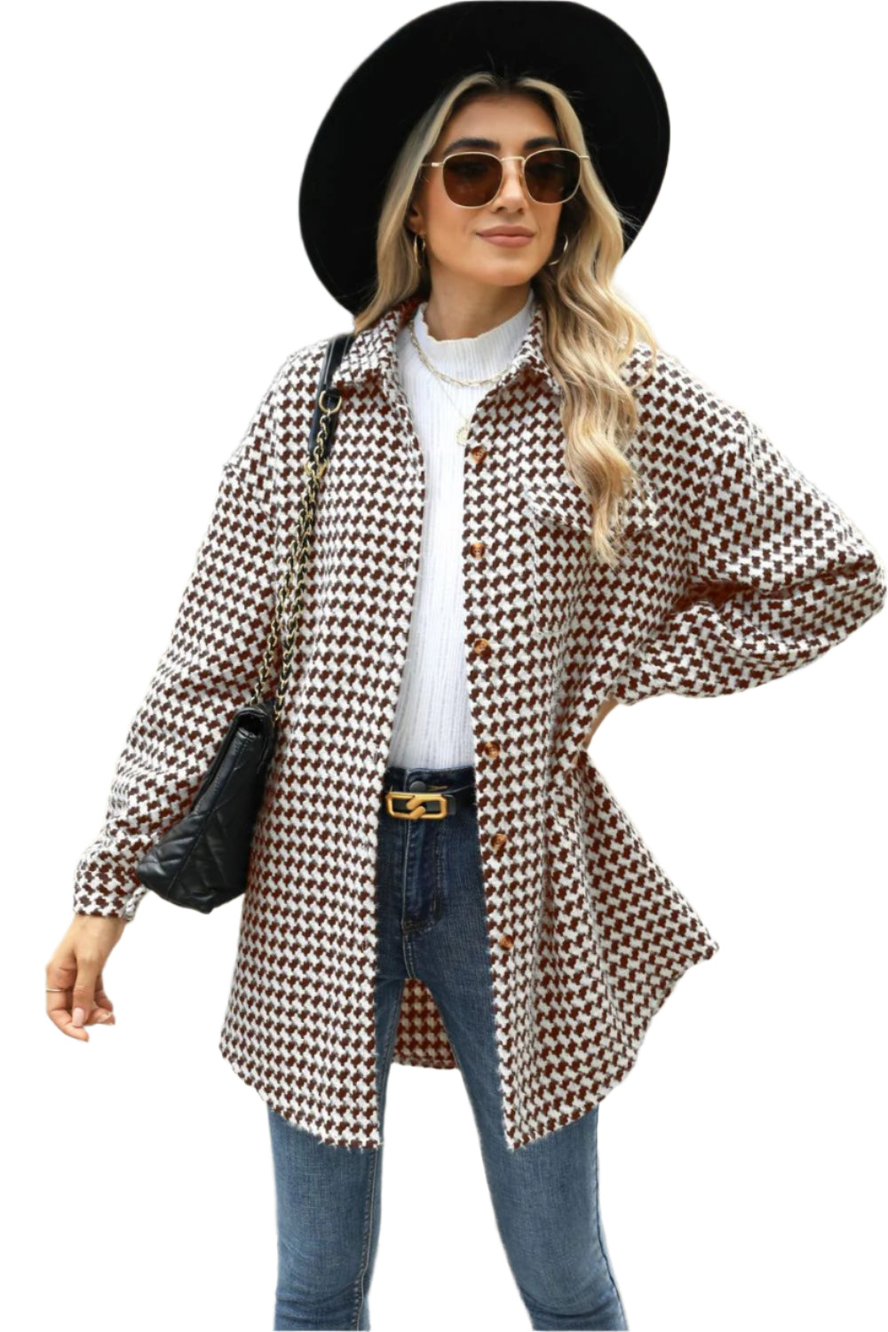 Houndstooth Button Up Dropped Shoulder Coat - Chic Yana’s Fashion