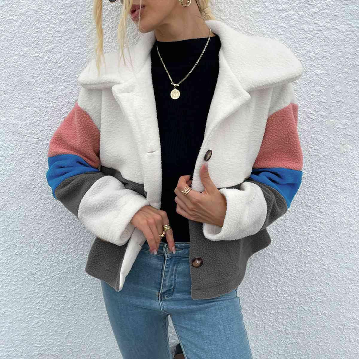 Shiny Color Block Button Down Collared Jacket - Chic Yana's Fashion