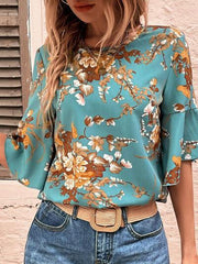 Printed Round Neck Half Sleeve Blouse - Chic Yana's Fashion