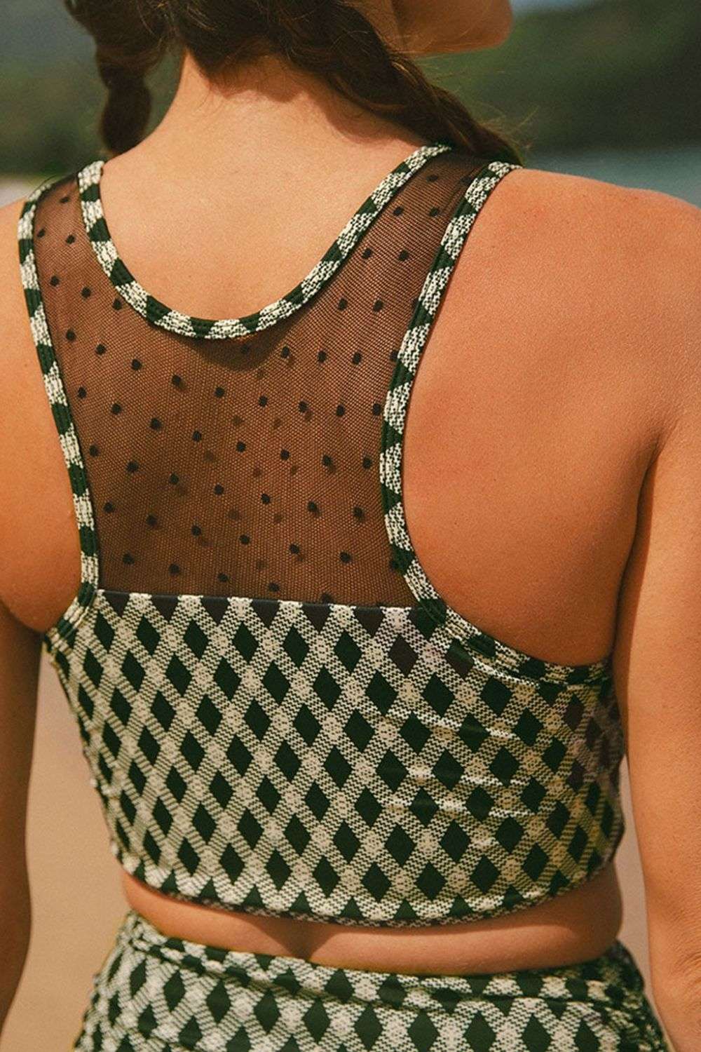 Dotted Mesh Plaid Patchwork High Waisted Swim Set - Stylish and Trendy Women's Fashion from Chic Yana's Fashion