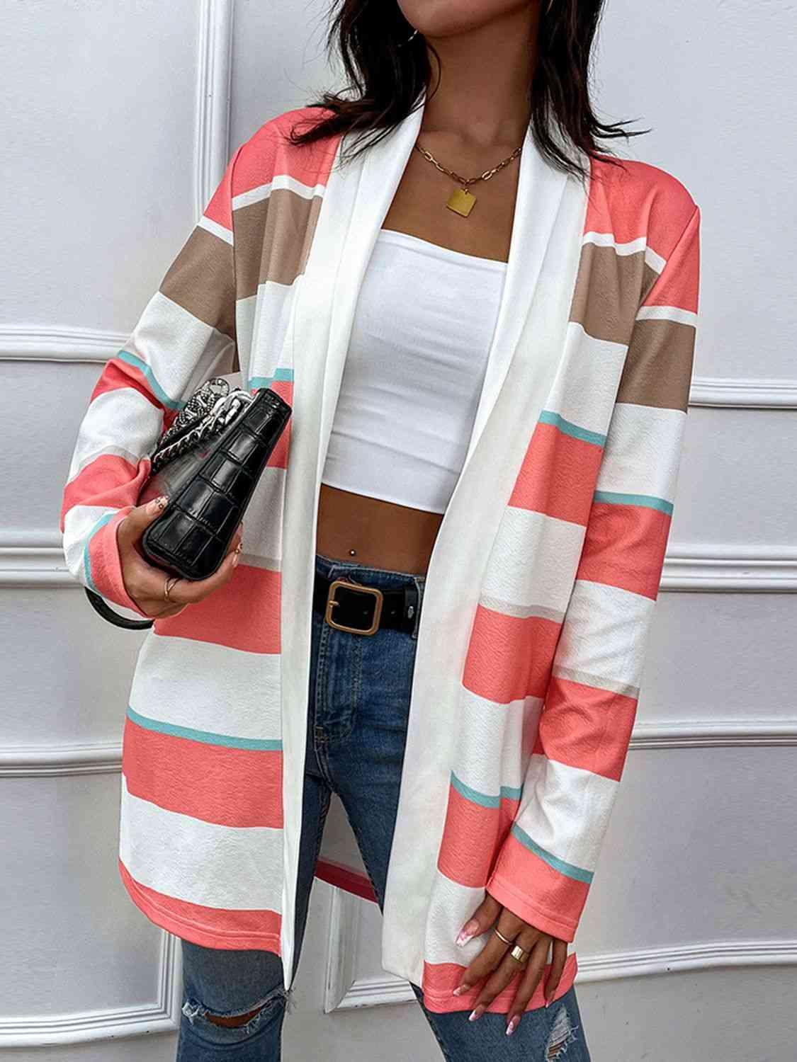 Shiny Striped Open Front Longline Cardigan - Chic Yana's Fashion