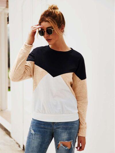 Color Block Round Neck Long Sleeve Top - Chic Yana's Fashion