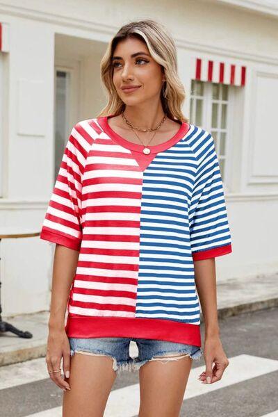 Striped Round Neck Half Sleeve T Shirt 1 - Chic Yana's Fashion